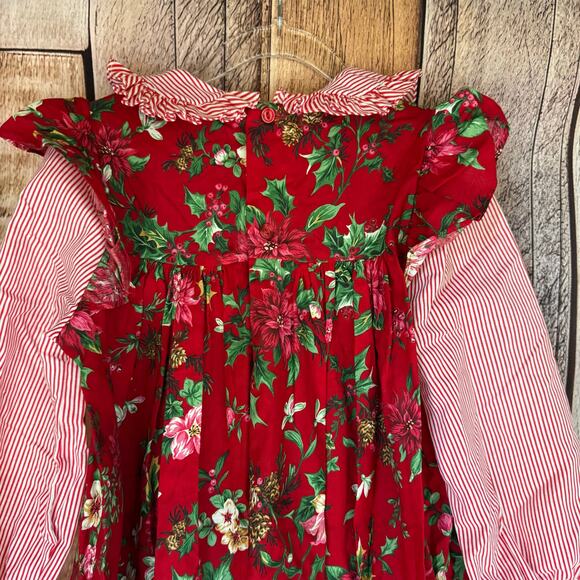 Rare Editions Dress Vintage Girls Christmas Red Floral Striped Cotton Made USA 6 - Picture 4 of 7